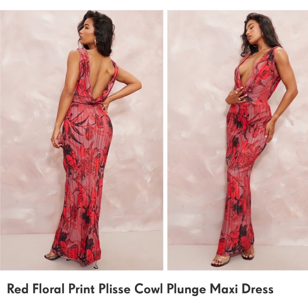 Floral Print Plisse Cowl Plunge Maxi Dress